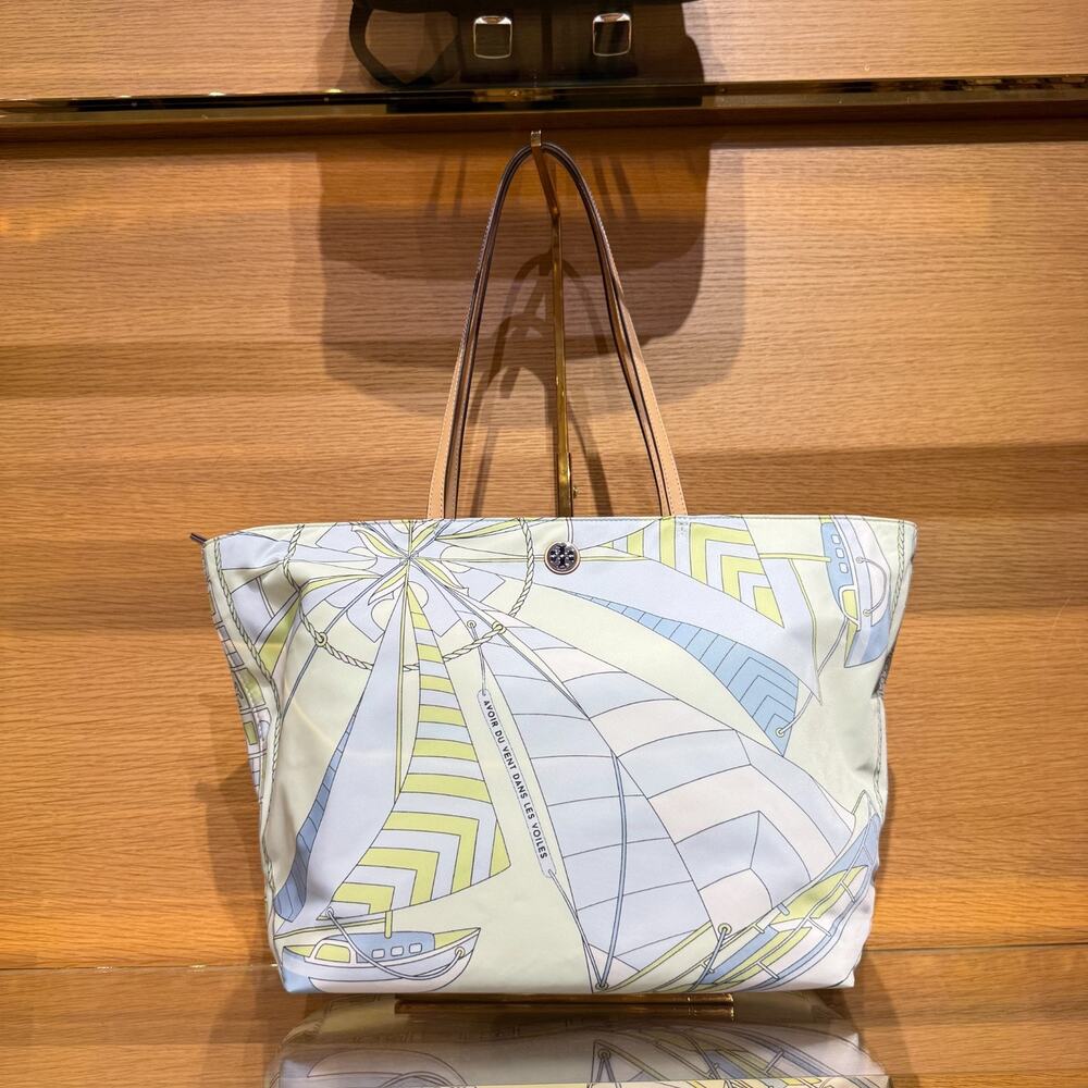 Tory Burch Nylon Printed Tote 180306 Mint Sailboat Spiral $320